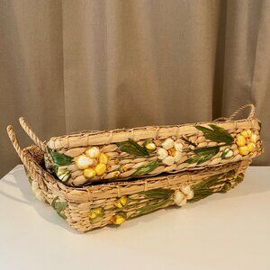 Vintage Raffia Floral Casserole & Bread Basket Set, 15x10 and 13x9‎